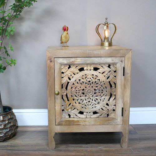 Bedside Cabinet - 1 Door - Carved Mango Wood
