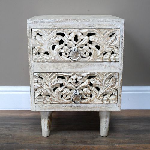 Bedside Cabinet - 2 Drawer - Distressed White Carved Mango Wood