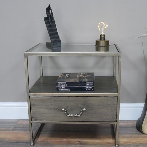 Bedside Cabinet - 1 Drawer - Grey Metal and Glass