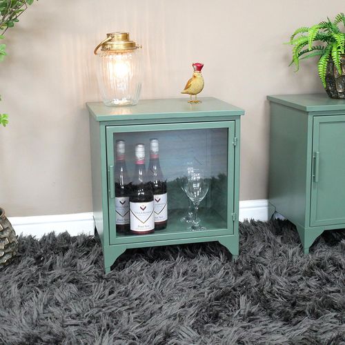 Bedside Cabinet - 1 Glass Door - Green Metal - Industrial