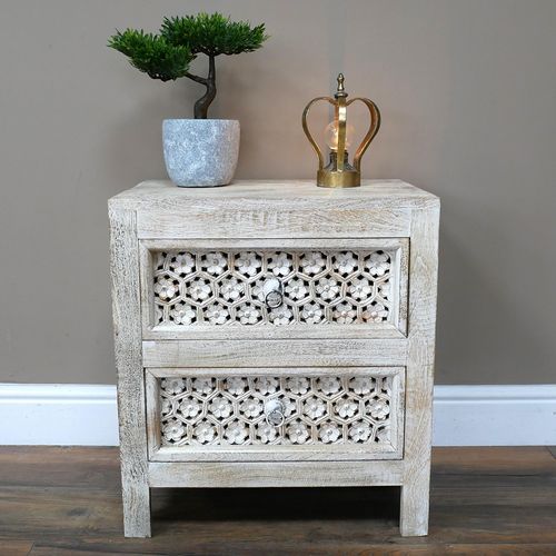 Bedside Cabinet - 2 Drawer - White Washed Mango Wood