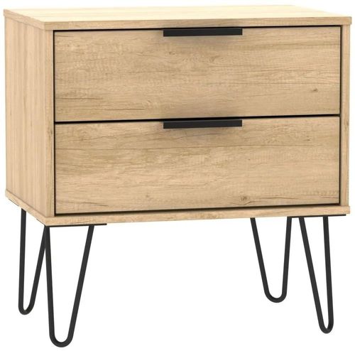 Hong Kong Oak Effect 2 Drawer Wide Bedside Cabinet with Hairpin Legs