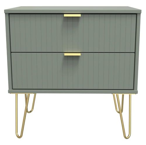 Linear Green 2 Drawer Wide Bedside Cabinet with Gold Hairpin Legs