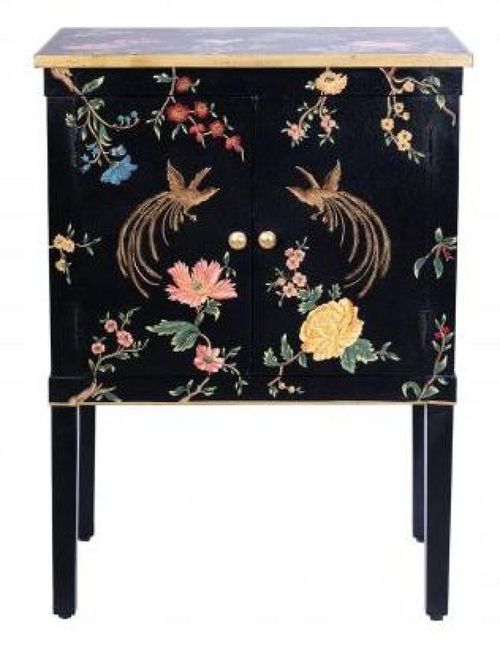 Meerut Black Lyre Bird Design 2 Door Bedside Cabinet