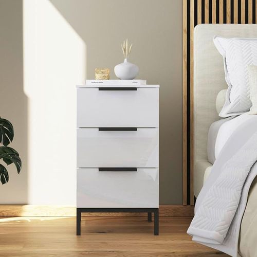 Rauch Flipp 3 Drawer Bedside Cabinet with Metal Base - Alpine White and White Glass