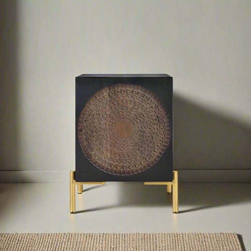 Refton Bedside Cabinet - Carved - Dark Mango Wood - 1 Door