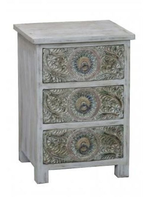 Rewa Hand Painted Carved 3 Drawer Bedside Cabinet