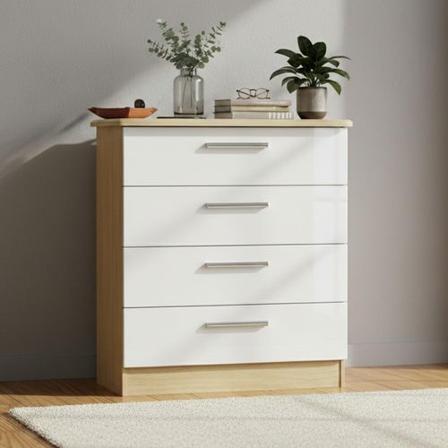Knightsbridge White Gloss White and Light Oak 4 Drawer Chest