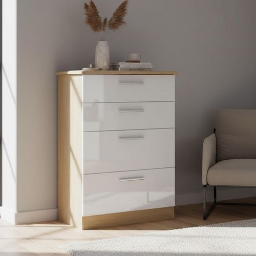Knightsbridge White Gloss and Light Oak 4 Drawer Deep Chest