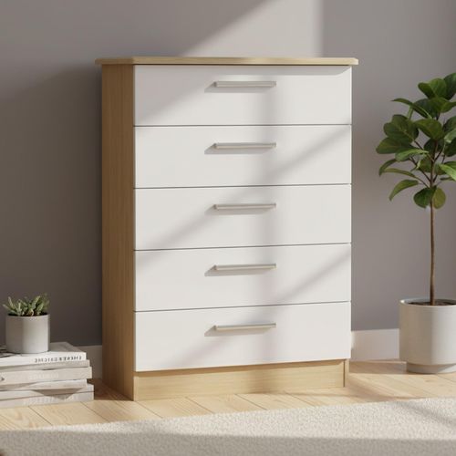 Knightsbridge White Gloss and Light Oak 5 Drawer Chest