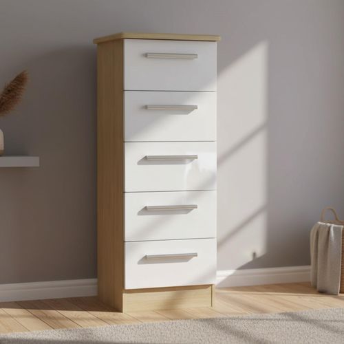 Knightsbridge White Gloss and Light Oak 5 Drawer Narrow Chest