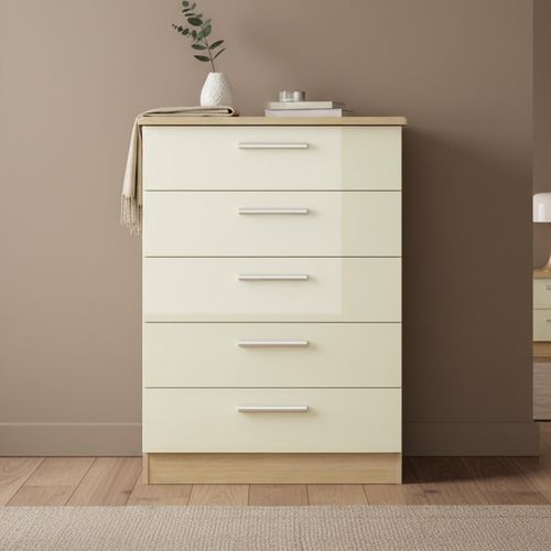 Knightsbridge Chest - 5 Drawer - Cream Gloss and Light Oak
