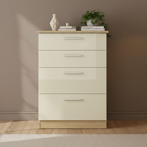 Knightsbridge Deep Chest - 4 Drawer - Cream Gloss and Light Oak