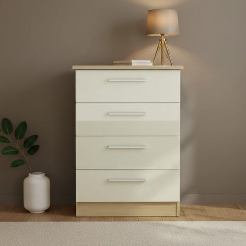 Knightsbridge Midi Chest - 4 Drawer - Cream Gloss and Light Oak