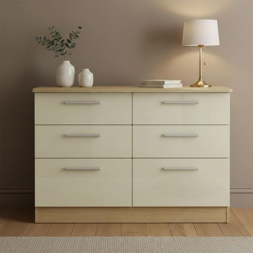 Knightsbridge Midi Chest - 6 Drawer - Cream Gloss and Light Oak