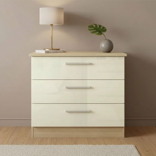 Knightsbridge Small Chest - 3 Drawer - Cream Gloss and Light Oak