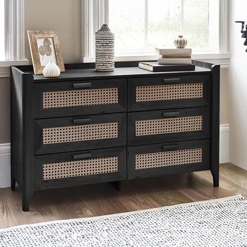 Clearance - Sydney Chest of Drawers - 6 Drawer - Wide - Black and Faux Rattan - FSS16513