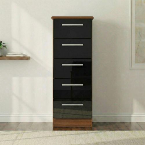 Knightsbridge Narrow Chest - 5 Drawer - Black Gloss and Walnut