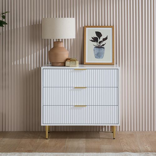 Zara Chest - 3 Drawer - Fluted - White - Gold Legs