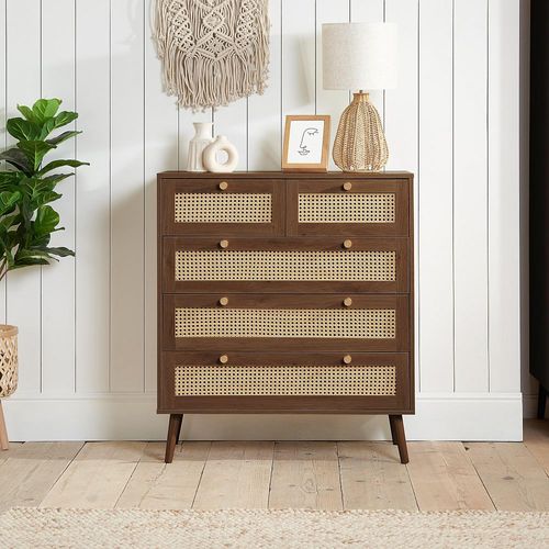Croxley Chest - 2+3 Drawer - Walnut and Rattan
