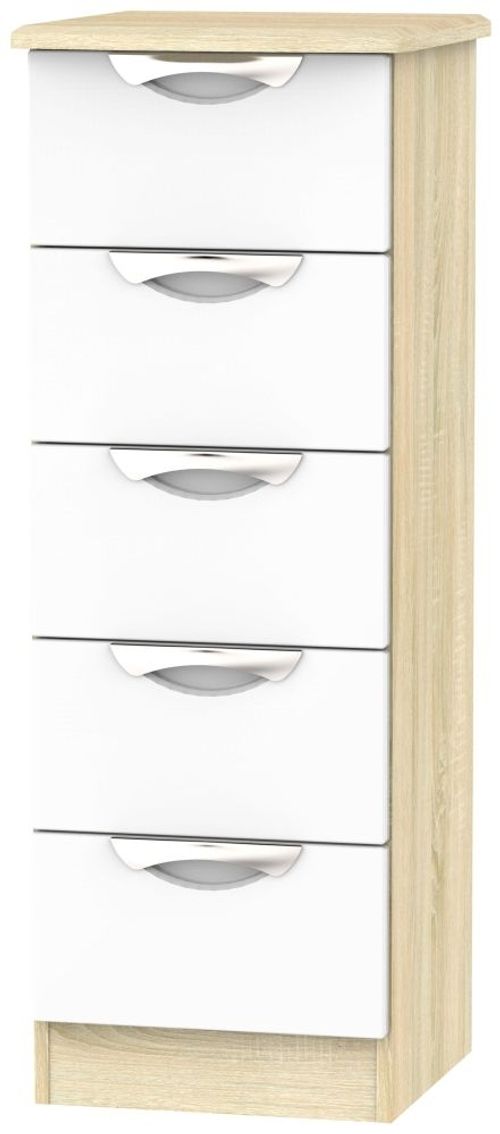 Camden White Gloss and Oak Effect 5 Drawer Narrow Chest