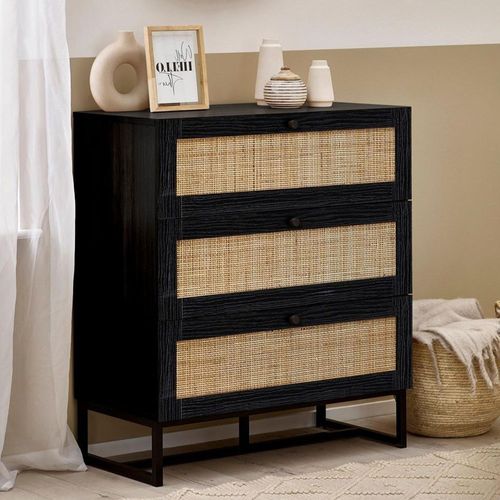 Clearance - Padstow Black and Rattan 3 Drawer Small Chest - FSS16386