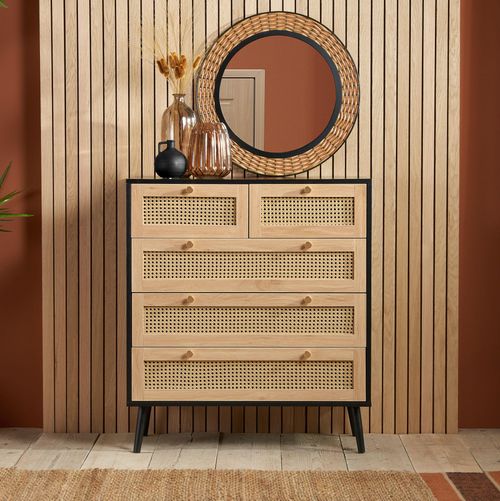 Croxley Chest - 2+3 Drawer - Black and Rattan