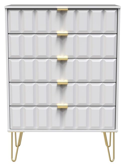Cube White 5 Drawer Chest with Gold Hairpin Legs