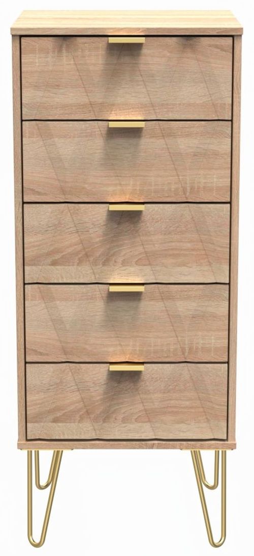 Diamond Oak Effect 5 Drawer Narrow Chest with Gold Hairpin Legs
