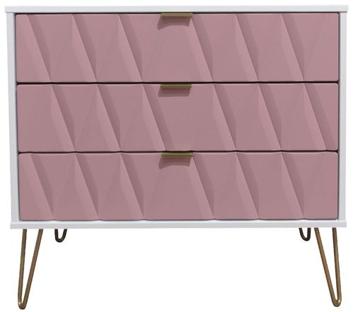 Diamond Pink and White 3 Drawer Small Chest with Gold Hairpin Legs