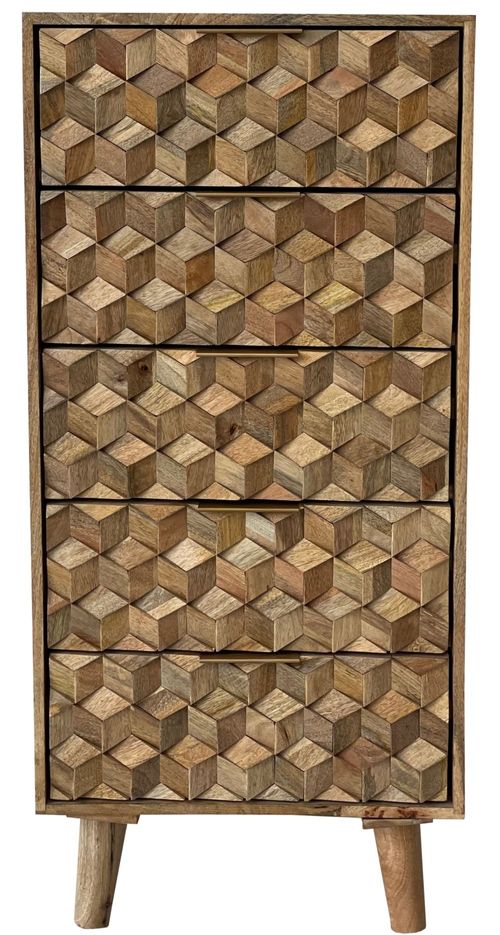Geometric Carved Mango Wood 5 Drawer Narrow Chest