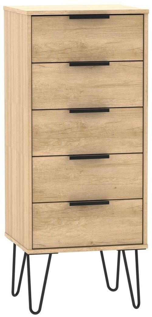 Hong Kong Oak Effect 5 Drawer Narrow Chest with Hairpin Legs