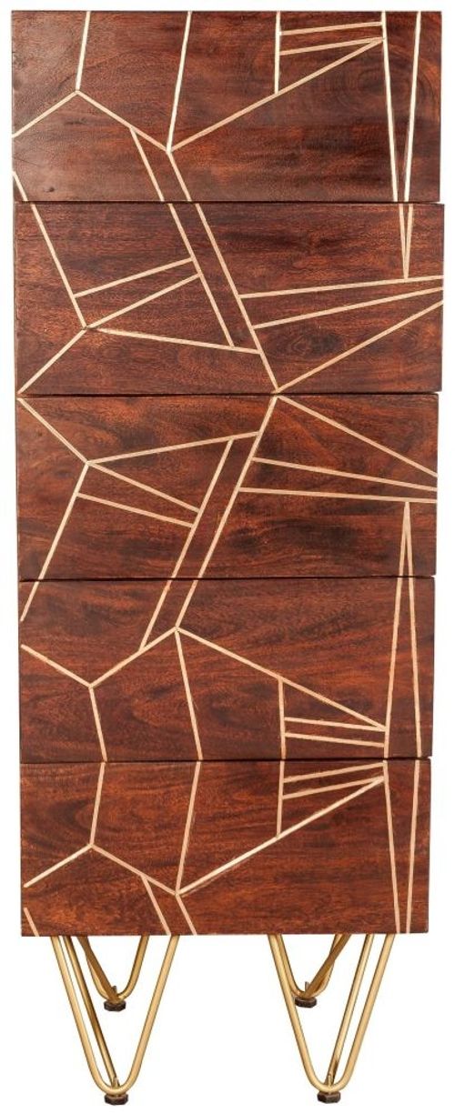 Kaza Dark Mango Wood Narrow 5 Drawer Chest - Hairpin Legs with Gold Geometric Inlay