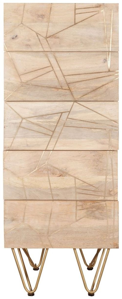 Kaza Light Mango Wood 5 Drawer Narrow Chest - Hairpin Legs with Gold Geometric Inlay