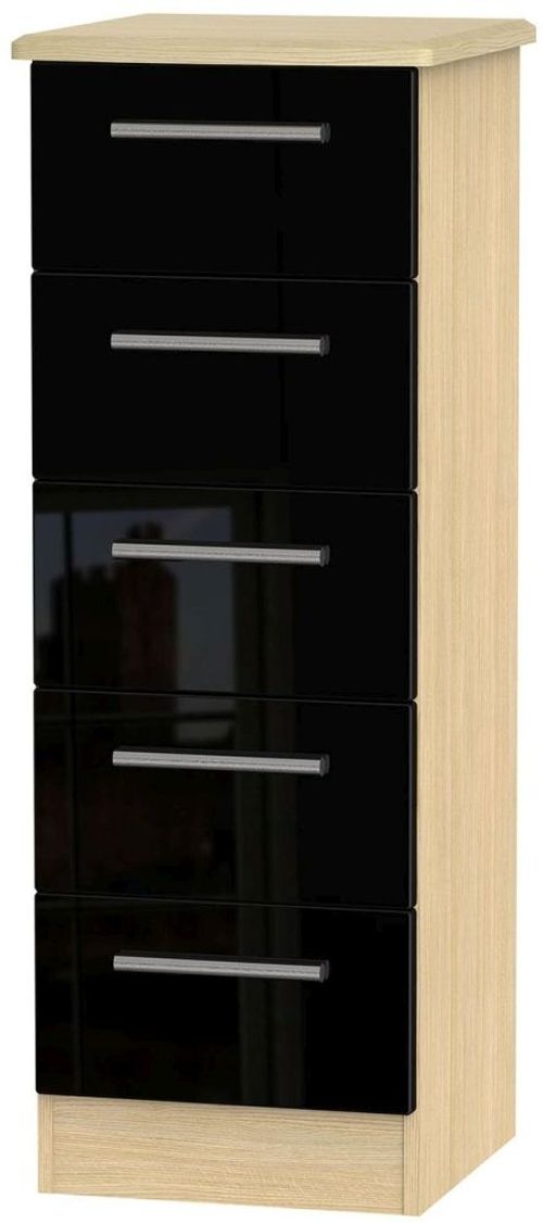 Knightsbridge Black Gloss and Light Oak 5 Drawer Narrow Chest