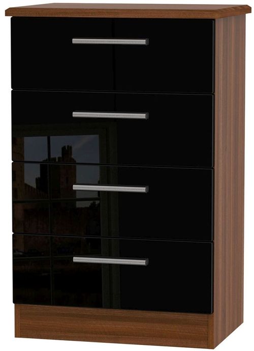 Knightsbridge Black Gloss and Walnut Effect 4 Drawer Midi Chest