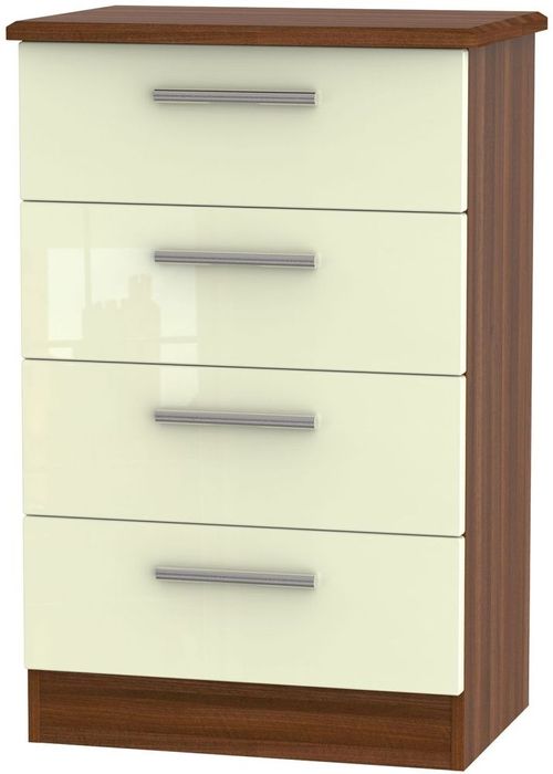 Knightsbridge Cream Gloss and Walnut Effect 4 Drawer Midi Chest