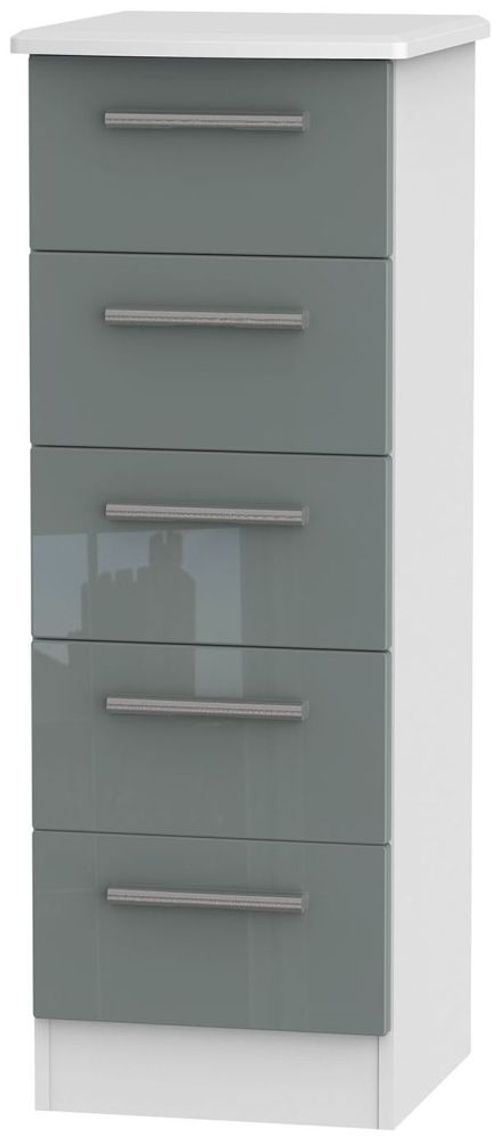 Knightsbridge Grey Gloss and White 5 Drawer Narrow Chest