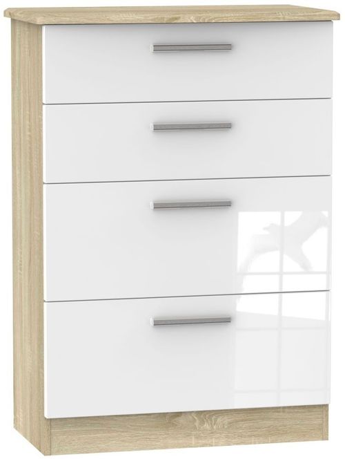 Knightsbridge White Gloss and Oak Effect 4 Drawer Deep Chest