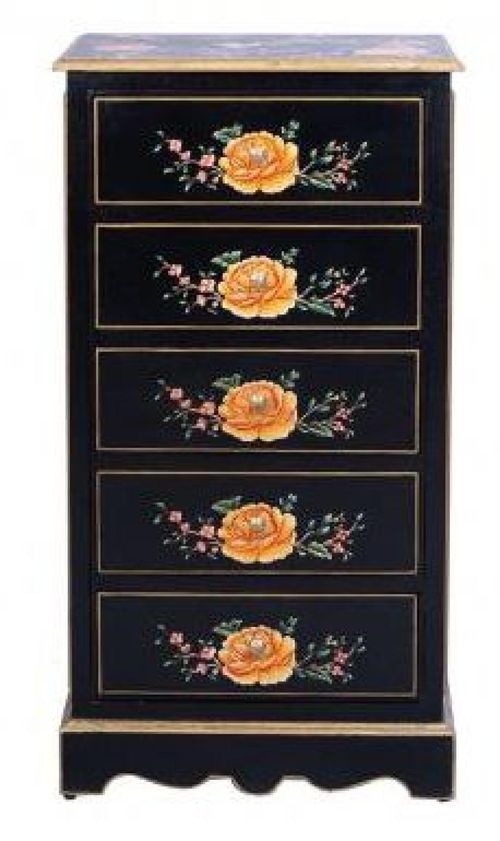 Meerut Black Lyre Bird Design 5 Drawer Tall Chest