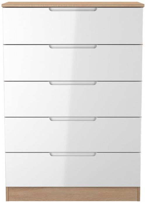 Milan White Gloss and Oak Effect 5 Drawer Chest