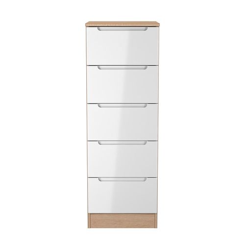 Milan White Gloss and Oak Effect 5 Drawer Narrow Chest