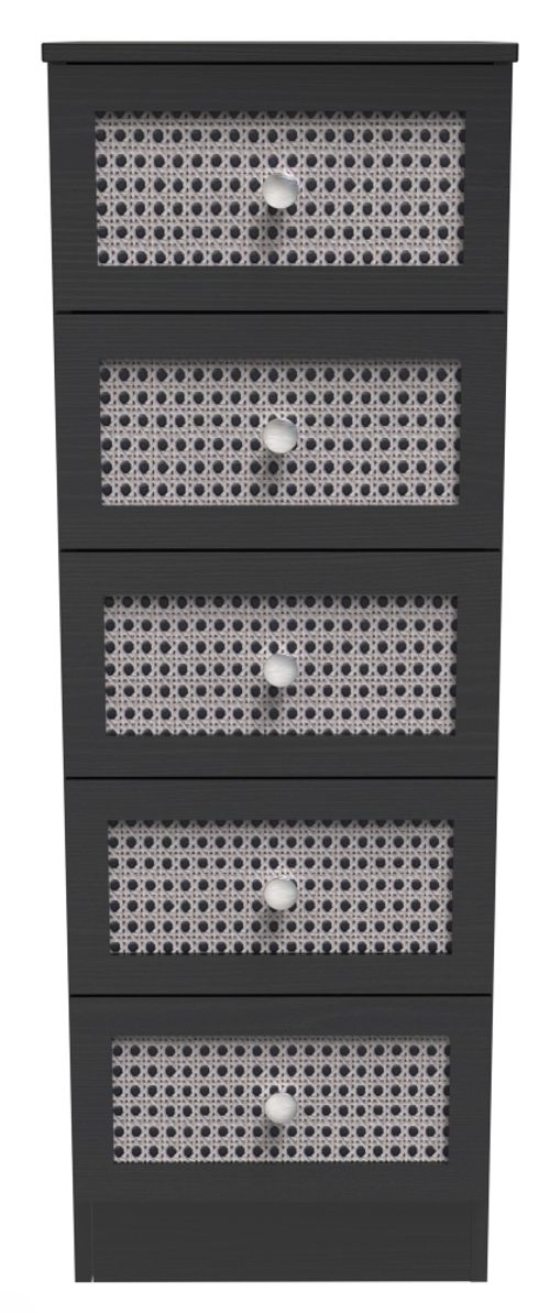 Rattan and Black Ash 5 Drawer Narrow Chest