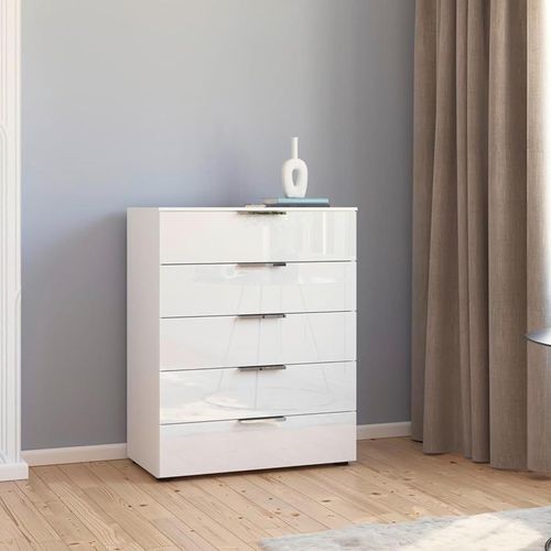 Rauch Flipp 5 Drawer Chest with Adjustable Height - Alpine White and White Glass