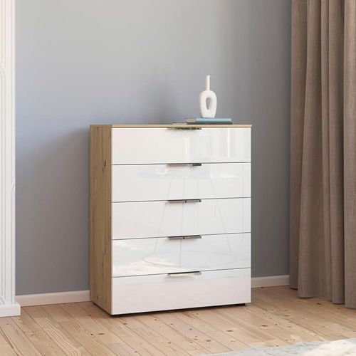 Rauch Flipp 5 Drawer Chest with Adjustable Height - Artisan Oak and White Glass