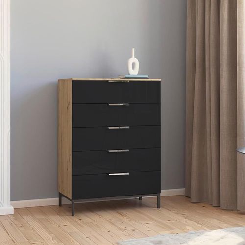 Rauch Flipp 5 Drawer Chest with Metal Base - Artisan Oak and Basalt Glass