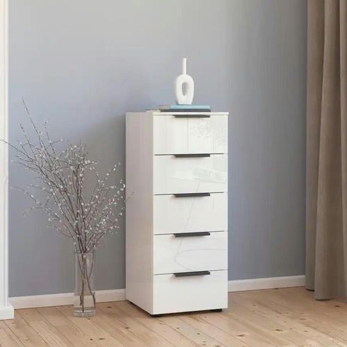 Rauch Flipp 5 Drawer Tall Chest with Adjustable Height - Alpine White and White Glass