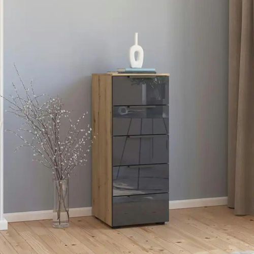 Rauch Flipp 5 Drawer Tall Chest with Adjustable Height - Artisan Oak and Basalt Glass