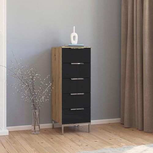 Rauch Flipp 5 Drawer Tall Chest with Metal Base - Artisan Oak and Basalt Glass