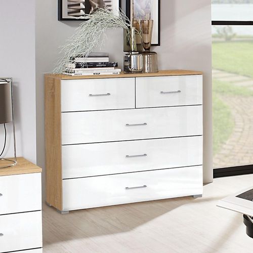 Rauch Morella 3+2 Drawer Chest - Sonoma Oak and White High Gloss